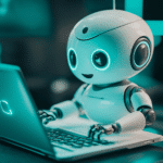 cute robot typing on laptop AI and Small Business